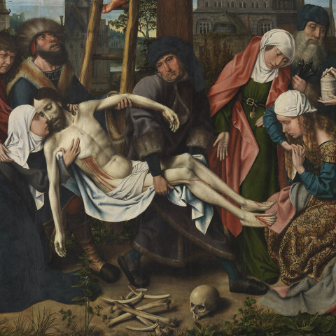 A somber painting depicts a group mourning a lifeless figure, draped in a cloth. Emotions of grief are evident. A skull and bones lie in the foreground.