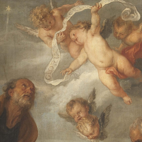 Eine Gruppe von Cherubinen schwebt zwischen den Wolken und hält eine Schriftrolle mit Text, während ein älterer Mann nach oben schaut. Die Szene vermittelt eine göttliche, ruhige Atmosphäre.