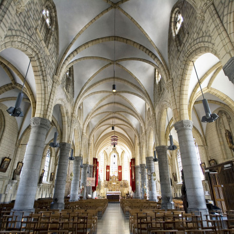 Innenraum einer großen Kirche mit hohen Steinbögen und gewölbter Decke. Reihen von Holzbänken säumen das Mittelschiff und führen zu einem prächtigen Altar. Der Raum strahlt Ruhe aus.