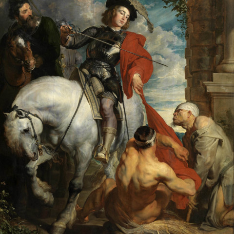 A knight on horseback, dressed in armor and a feathered hat, cuts his red cloak to share with a kneeling beggar. Emotions of compassion and charity.