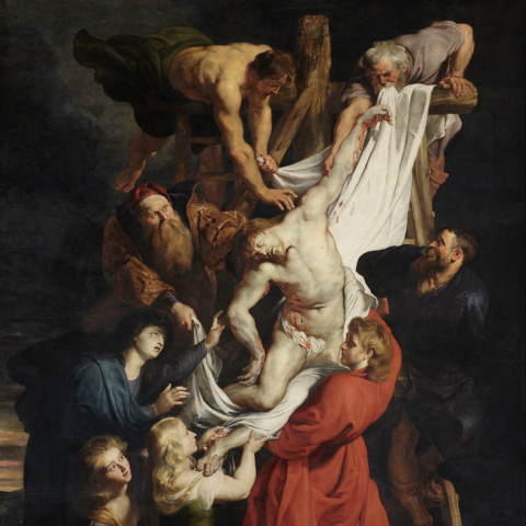 Ein düsteres Gemälde zeigt die Kreuzabnahme, mit trauernden Figuren, die einen leblosen Christus, in ein weißes Leinentuch gehüllt, von einem hölzernen Kreuz herablassen.