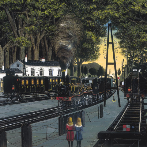 Two children stand on a railway platform surrounded by tall trees at dusk. Trains are lined up, and a warm glow illuminates the station, evoking nostalgia.