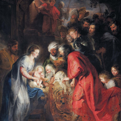 A radiant nativity scene depicts Mary cradling baby Jesus. Three wise men, adorned in vibrant robes, offer gifts, surrounded by onlookers in awe.