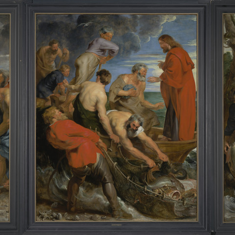 A triptych painting depicts a biblical fishing scene. Central panel shows figures in a boat pulling nets. Left and right panels feature more figures near water.