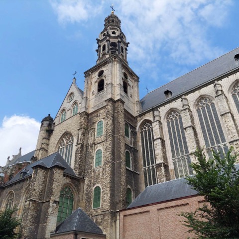 Historische gotische Kirche mit hohem Turm und Steinfassade vor blauem Himmel mit Wolken. Arkadenfenster und Grün tragen zur ruhigen Atmosphäre bei.