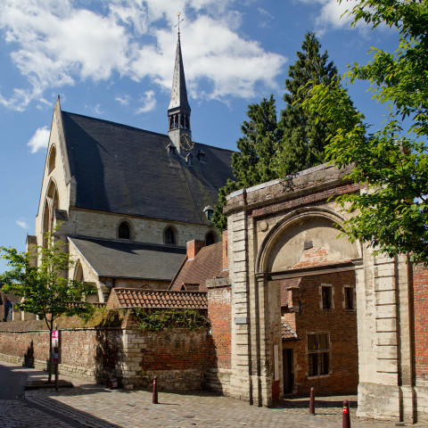 Steinerne Kirche mit hohem Turm und Bogenportal unter klarem blauem Himmel. Bäume rahmen die Szene ein und verleihen der malerischen Straße eine ruhige, historische Atmosphäre.