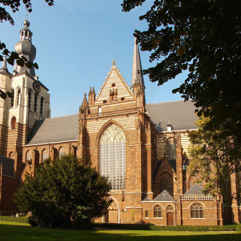 Large Gothic-style church with intricate brickwork and tall spires, partially shaded by trees, under a clear blue sky. Peaceful atmosphere.